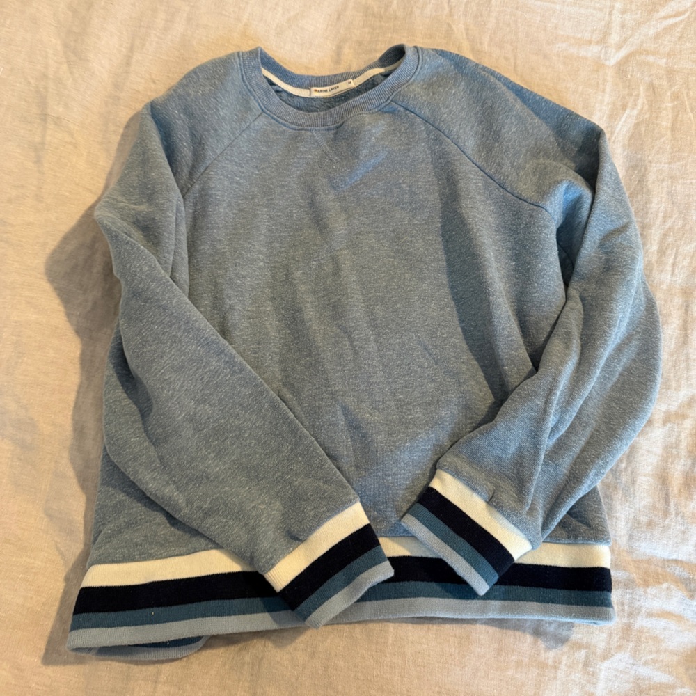 Marine Layer Light Blue Crewneck Sweater with Navy & Cream Stripe Trim